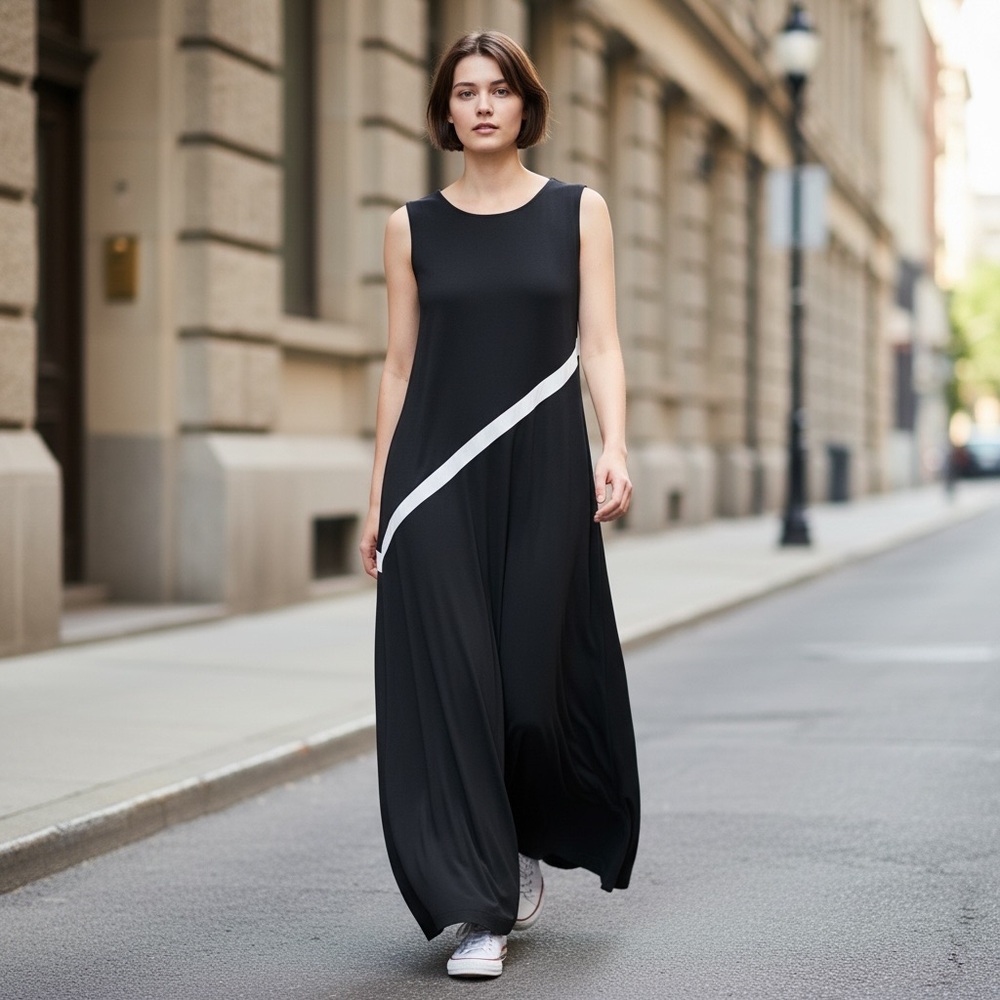 Lauren Ralph Lauren Black Asymmetrical Overlay Midi Dress White Trim Size 4 NEW‎
